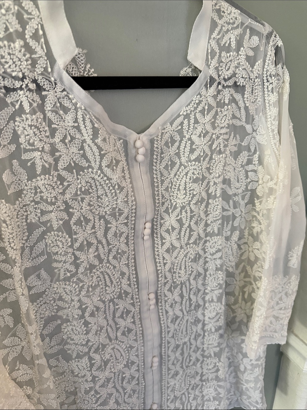 Sheer White Embroidered Button-Front Robe Cover-Up - Picture 2 of 16